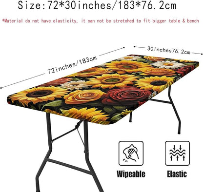 Irisbell Picnic Table Cover with Elastic Edge,6FT Wind Proof Wrinkleproof Fitted Tablecloth Cover Camping Beach Patio Rectangle Table Cloth for Indoor Outdoor (Sunflower, 30'' x 72'')