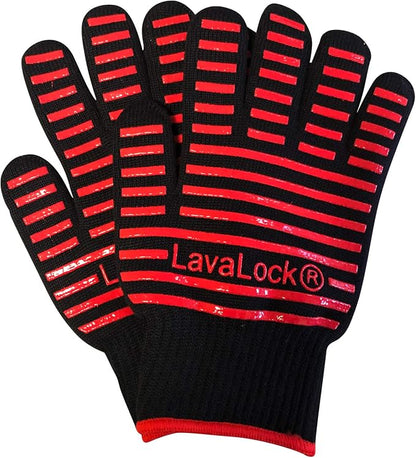 LavaLock BBQ Grilling Cooking Heat Resistant Gloves with Silicone Insulated Protection - High Temp Charcoal BBQ Gloves for Kettle, Kamado, BGE, UDS and Offset Cookers Large Size