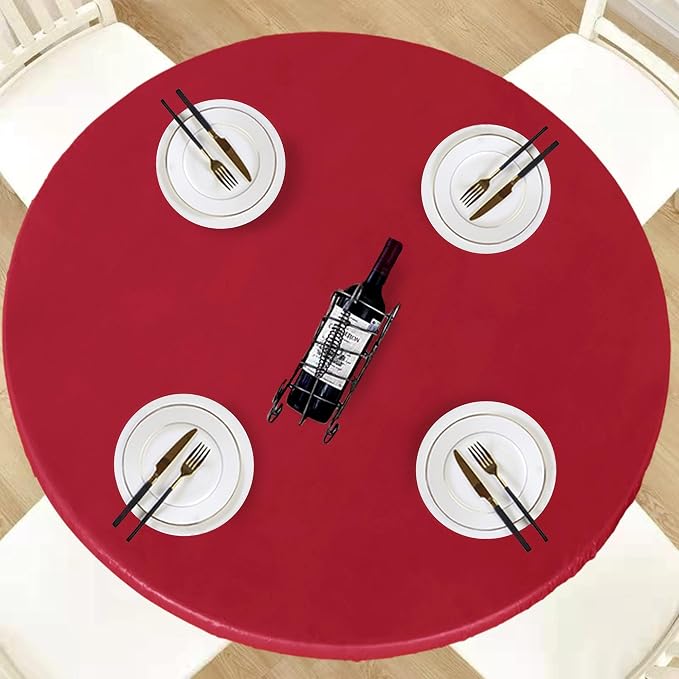 LUSHVIDA Round Waterproof Table Cover Elastic Vinyl Fitted Tablecloth Elastic Edged Plastic Table Cloth (Red, Best for Up to 57"-68" Round)