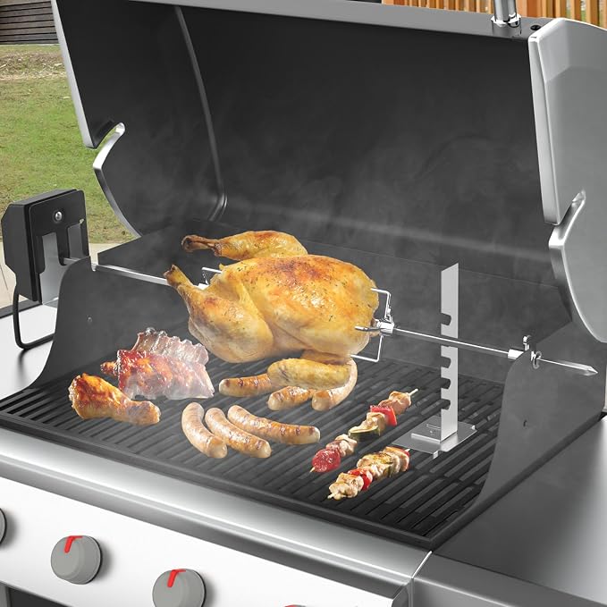 Universal Rotisserie Grill Kit for Most 2–6 Burner Grills,w/120V 4W Motor | UL Certificated BBQ Rotisserie Motor Kit, 28" Splicable Spit Rod, Meat Forks, Adjustable Brackets, Holds Up to 20 Lbs Roasts