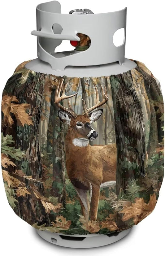 Camo Propane Tank Cover 20lb Hunting Reindeer Gas Tank Cylinder Cover for All Season Heavy Duty RV Gas Cylinder Protector for Outdoor Gift for Holiday
