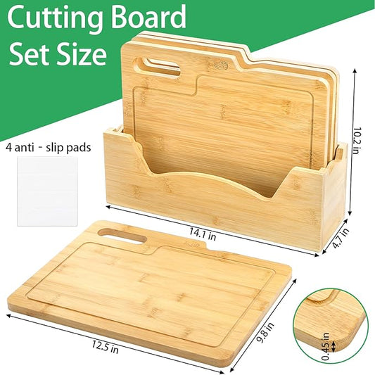 ZENFUN 4 Pack 12.5"L x 9.8"W Bamboo Cutting Boards with Holder, Wood Cutting Board Set, Chopping Boards Set with Food Icons, Kitchen Cutting Board Ideal for Meat, Fish, Bread, Vegetable, Fruit