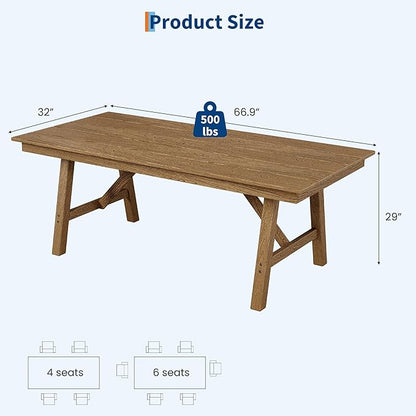 Garvee Outdoor Patio Dining Table for 4-6, 66.9" Long Outdoor HDPE Garden Dining Table with Umbrella Hole, Aluminum Frame, Triangular Legs, Waterproof, All-Weather for Backyard, Poolside, Natural