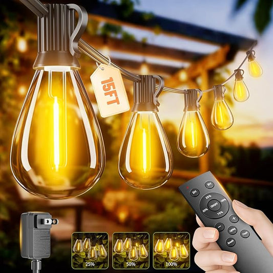 15FT LED Outdoor String Lights with Remote, One Continuous Strand Patio Lights with 8+1 Shatterproof S11 Bulbs, Dimmable 2700K Warm White, Timer & 3 Modes, Low Voltage for Backyard Garden