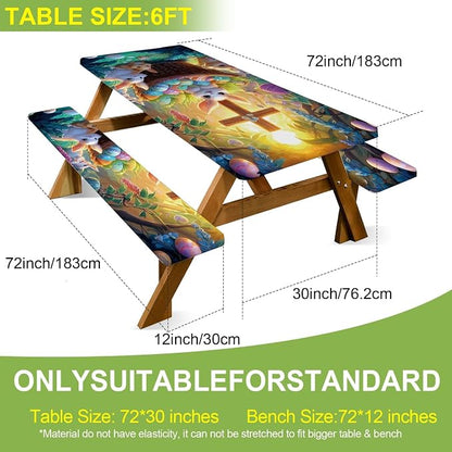 Picnic Table Cover with Bench Covers 72in,Waterproof Windproof Fitted Tablecloth,Easter Bunny with Cross Design for Easter,Camping Essentials with Drawstring Bag for Patio,Park & Backyard