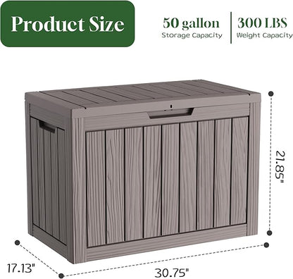 PatioZen 50 Gallon Deck Box Outdoor, Weatherproof Resin Patio Storage Box, Waterproof Outdoor Storage Boxes with Lid Lockable for Cushions, Garden Tools,Grey