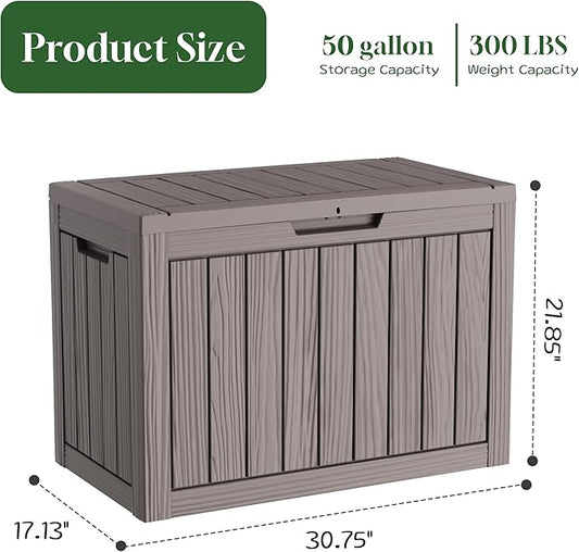 PatioZen 50 Gallon Deck Box Outdoor, Weatherproof Resin Patio Storage Box, Waterproof Outdoor Storage Boxes with Lid Lockable for Cushions, Garden Tools,Grey