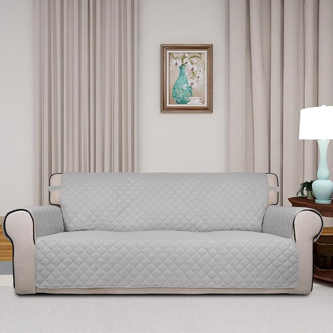 PureFit Reversible Quilted Couch Covers for Dogs Oversized Sofa Cover 78” | Light Gray/Light Gray, Water Resistant Couch Protector, Washable Pet Couch Cover with Non Slip and Elastic Straps For Kids