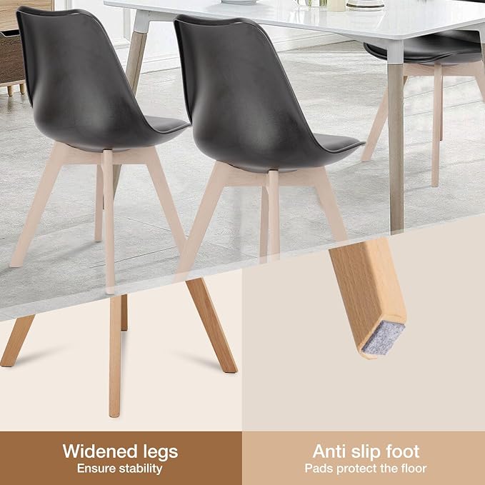 OLIXIS Dining Chairs Set of 8, Mid Century Modern Kitchen Chairs with Curved Backrest and Wood Legs, PU Leather Upholstered Accent Chair for Living Room, Bedroom, Outdoor Patio, Black
