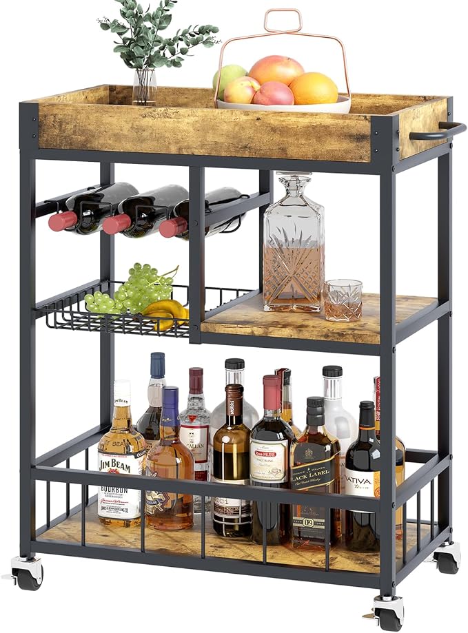 Bar Cart with Basket Wine Rack with Wheels Wood Metal Cart | Basket