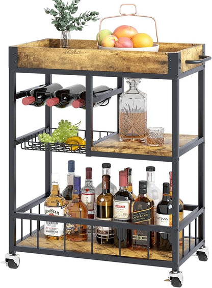 Bar Cart with Basket Wine Rack with Wheels Wood Metal Cart | Basket
