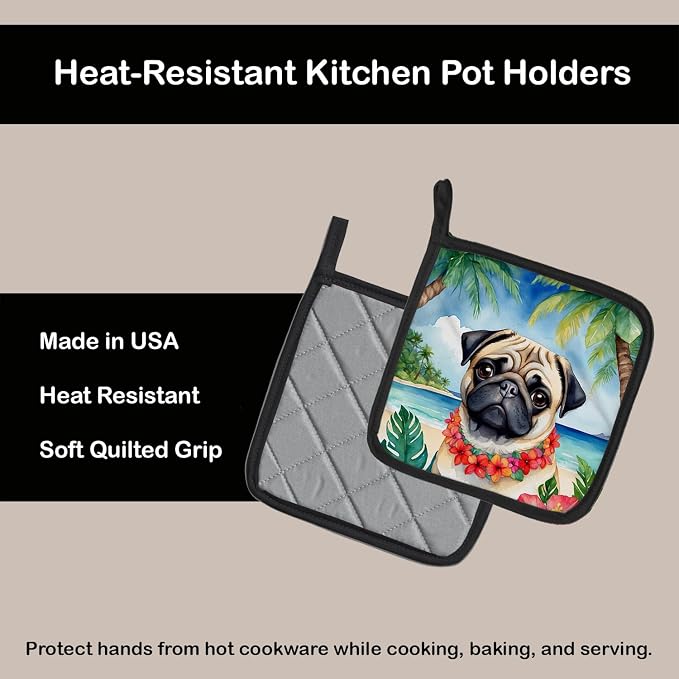 Caroline's Treasures Pug Luau Pair of Pot Holders Kitchen Heat Resistant Pot Holders Sets Oven Hot Pads for Cooking Baking BBQ, 7 1/2 x 7 1/2