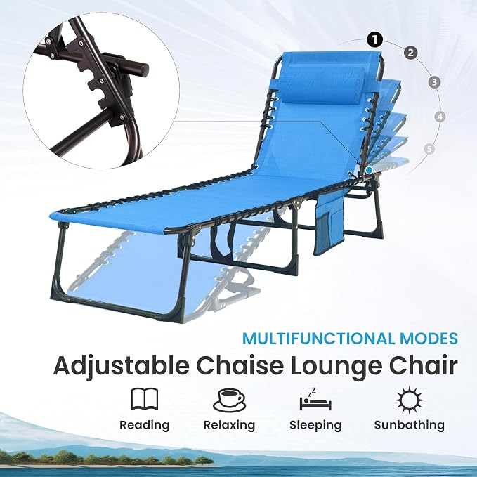Outdoor Folding Chaise Lounge 5-Position Adjustable Recliner 400LB Heavy Duty Portable Patio Camping Beach Chair, Blue