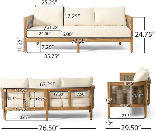 Merax 76.5" Outdoor Acacia Wood Wicker 3 Seater Sofa, Patio Furniture Couch for Backyard