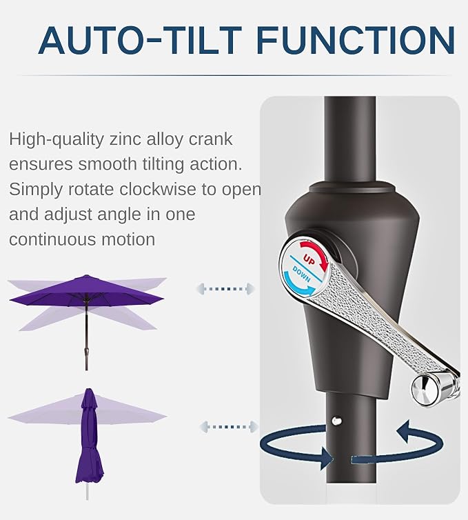 9FT Auto-Tilt Patio Umbrella|Outdoor Market Table Umbrella with 8 Fiberglass Ribs for Pool,Deck&Backyard