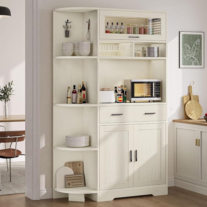 YITAHOME 67" Kitchen Hutch with Outlet, Shelves & Drawer, Off-White | Farmhouse Microwave Stand Buffet Coffee Bar for Living Room and Dining Room