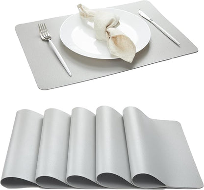 DOLOPL Placemats Set of 6-17"x11.8", Faux Leather Heat Resistant Table Placemat for Dining Table Protection, Waterproof Wipeable & Washable Kitchen Table Mats for Dining,Party,Holiday(Light Gray)