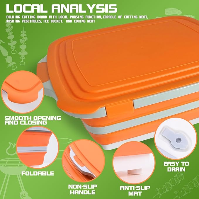 Collapsible BBQ Prep Tub with Lid & Cutting Board 16L - XL Meat Marinating Basin & Grill Carry System - 5pc Set with Heat Resistant Gloves, Basting Brush & Spatula(Orange, Large, 16L)