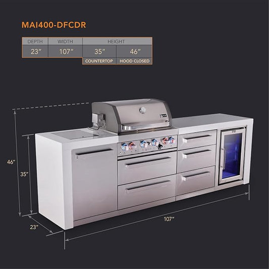Mont Alpi Deluxe 107"W x 23"D x 46"H Stainless Steel Outdoor Kitchen Island with Refrigerator + 32"W 4-Burner BBQ Grill + Granite Countertops & Sides + Storage Cabinets + Drawers + Rotisserie + Cover