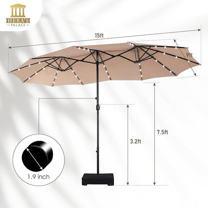 15ft Patio Umbrella with Solar lights & Base, Large Umbrellas, Beige | HERA'S PALACE Rectangle Double Market Umbrella with 36 LED Lights, Big Outdoor Umbrellas for Pool Picnic Inground Yard Deck