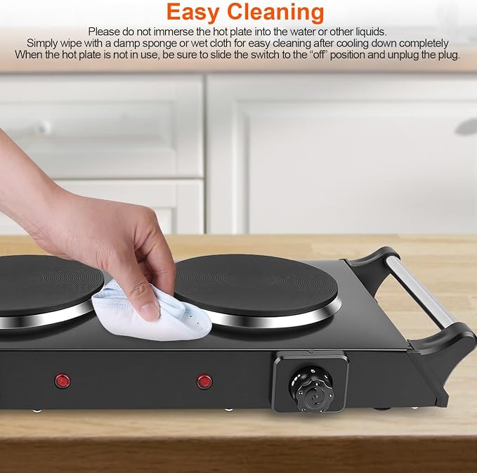 Double Burner Electric Hot Plate, 2000W 2 Burner Electric Cooktop, Portable Countertop Stove with 5-Level Temperature Control and Stay-Cool Handles, for RV, Home, and Camping