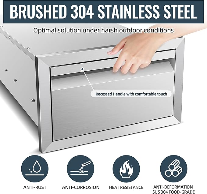 Outdoor Kitchen Drawer 14 x 8.5 x 23 inch Flush Mount BBQ Layer Drawer, Durable Stainless Steel Kitchen Drawer Outdoor Kitchen Access Drawer for BBQ Island Patio