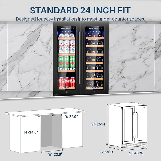 24 Inch Wine and Beverage Refrigerator Dual Zone Wine Fridge Beverage Cooler Holds 88 Cans and 20 Bottles, Seamless Frame, Built-In or Freestanding with Glass Door for Kitchen, Home Bar
