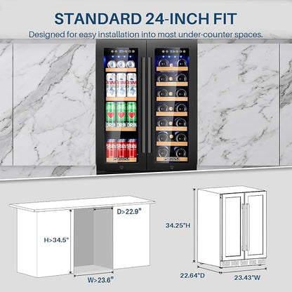 24 Inch Wine and Beverage Refrigerator Dual Zone Wine Fridge Beverage Cooler Holds 88 Cans and 20 Bottles, Seamless Frame, Built-In or Freestanding with Glass Door for Kitchen, Home Bar