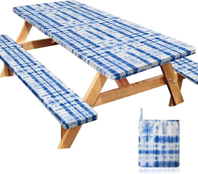 Picnic Table Cover with Bench Covers Windproof Waterproof Picnic Table Covers Camping Tablecloth with Self-Storage Bag, 72in, Blue Tie-dye