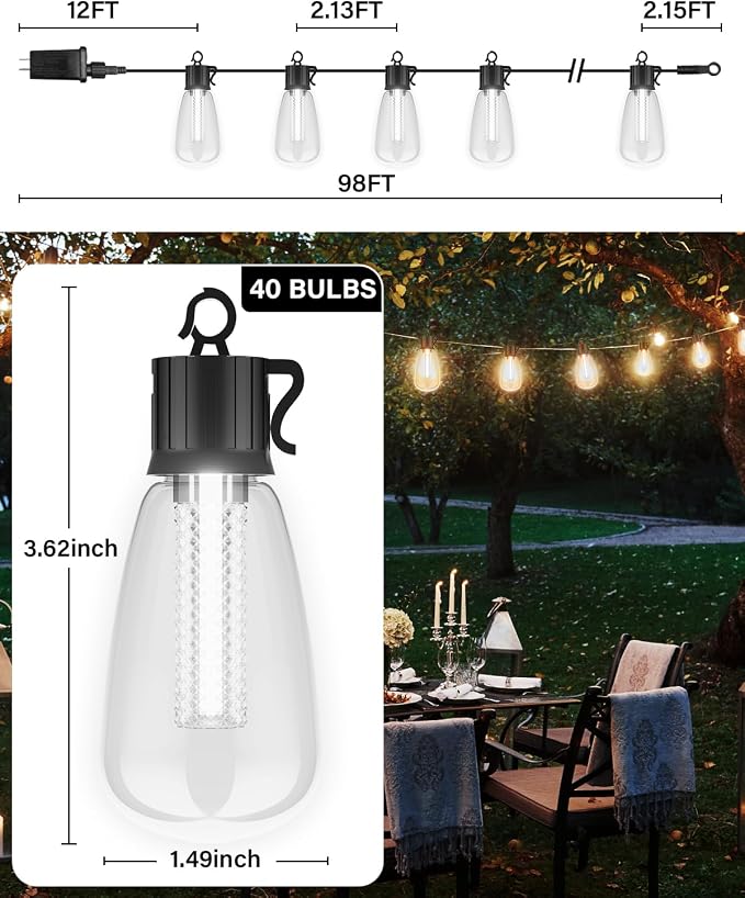 98FT Outdoor String Lights with Remote - Multicolor & Warm White, 8 Light Modes Timer Waterproof Patio Lights Plug In Dimmable String Lights Shatterproof for Outside Porch Backyard Party