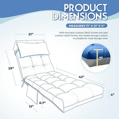 Outdoor Chaise Lounge Cushion, Waterproof Lounge Chair Cushion for Outdoor Furniture, 71 x 21 x 4 Inches Patio Cushion with Straps for Lawn Pool Furniture (Royal Blue, Lounge Chair Cushion)