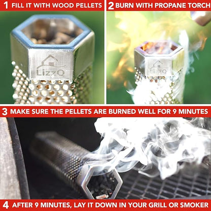 LIZZQ Premium Pellet Smoker Tube 12 inches - 5 Hours of Billowing Smoke - Hot or Cold Smoking - for Any Grill or Smoker - An Easy and Safe Way to Provide Smoking - Free eBook Grilling Ideas & Recipes