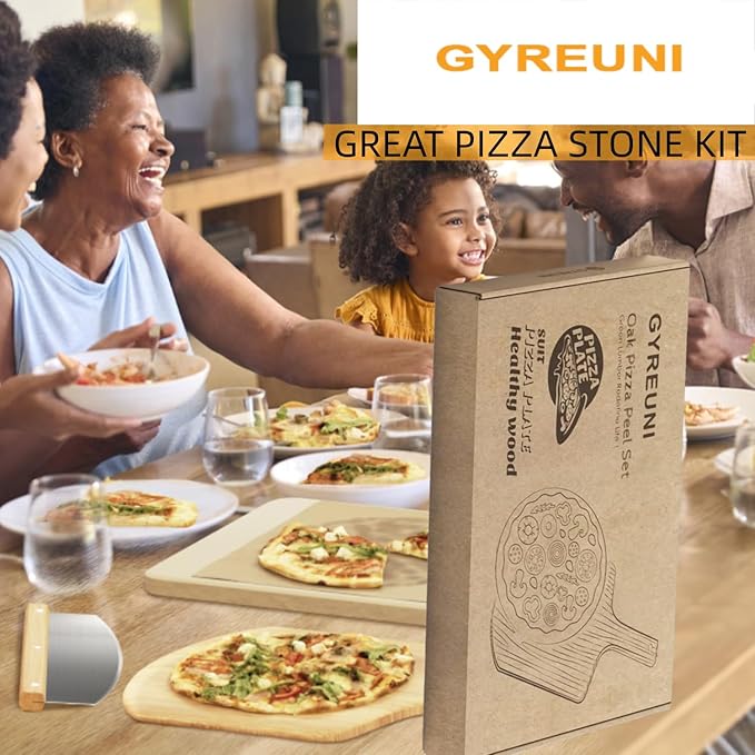 4 PCS Rectangle Pizza Stone Set, 15" Large Pizza Stone for Oven and Grill with Pizza Peel(OAK), Pizza Cutter & 10pcs Cooking Paper for Free, Baking Stone for Pizza, Bread,BBQ | Complete pizza stone set:15 x 12 inch Baking stone and pizza peel,Pizza Cut...