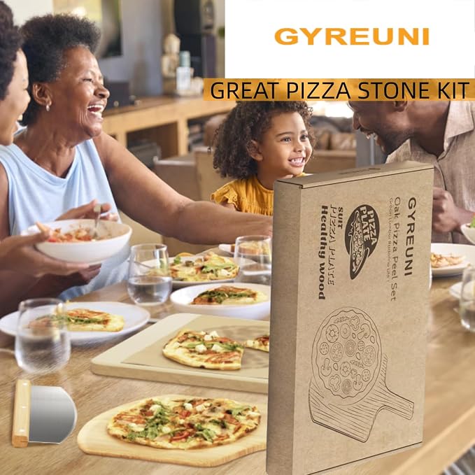 4 PCS Rectangle Pizza Stone Set, 15" Large Pizza Stone for Oven and Grill with Pizza Peel(OAK), Pizza Cutter & 10pcs Cooking Paper for Free, Baking Stone for Pizza, Bread,BBQ (Pack of 2)