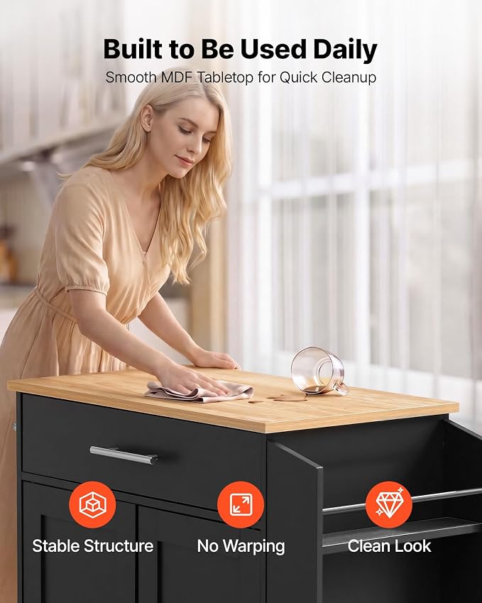 VEVOR Kitchen Island Cart with Storage, 31.3 in Wide Mobile Rolling Storage Island on Swivel Wheels, with Drawer, Storage Cabinet, Spice/Towel Rack, Table for Home Dining Room, Black