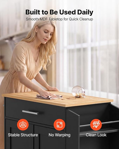 VEVOR Kitchen Island Cart with Storage, 31.3 in Wide Mobile Rolling Storage Island on Swivel Wheels, with Drawer, Storage Cabinet, Spice/Towel Rack, Table for Home Dining Room, Black