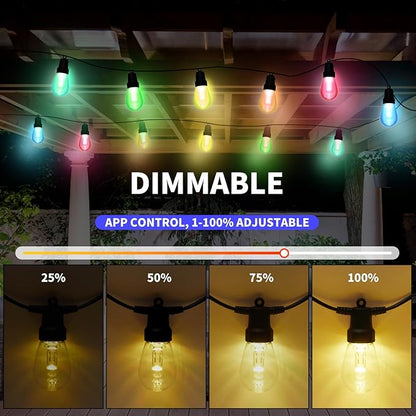 CAWWS Outdoor String Lights 27FT, Outdoor Lights for Patio with 10 Dimmable RGBW LED Bulbs, IP66 Waterproof Shatterproof, with APP Control & Remote, 24V Adapter Color Change,for Backyard Décor