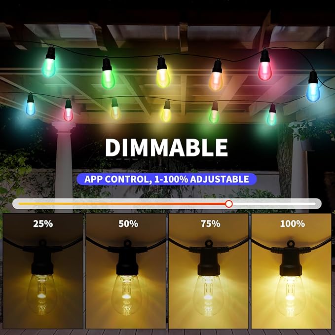 CAWWS Outdoor String Lights 50FT, Outdoor Lights for Patio with 20 Dimmable RGBW LED Bulbs, IP66 Waterproof Shatterproof, with APP Control & Remote, 24V Adapter Color Change,for Backyard Décor