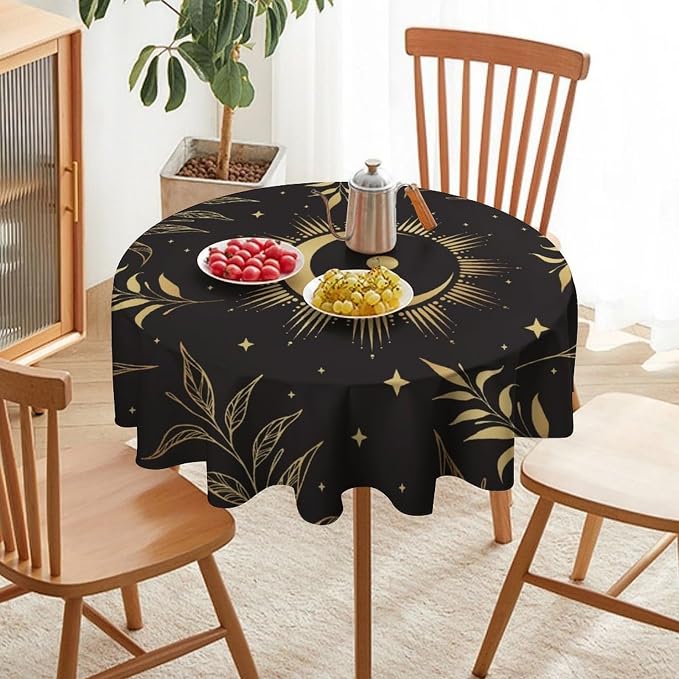 Sun Moon Round Tablecloth Vintage Boho Astrology Gold Celestial Star Crescent Galaxy Space Table Cloth Water Resistant Wipeable Table Cover for Picnic Party Kitchen Dinner Table 60"