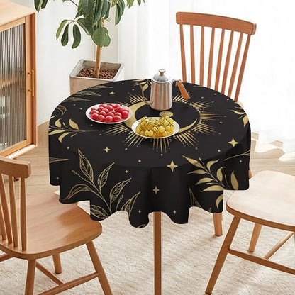 Sun Moon Round Tablecloth Vintage Boho Astrology Gold Celestial Star Crescent Galaxy Space Table Cloth Water Resistant Wipeable Table Cover for Picnic Party Kitchen Dinner Table 36"