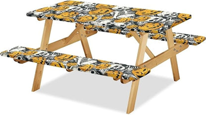 Halloween Pumpkin Skull Elastic Picnic Table Cover with Bench Covers Camping Table Cloth for Picnic Table 3 PCS Set Size S/L
