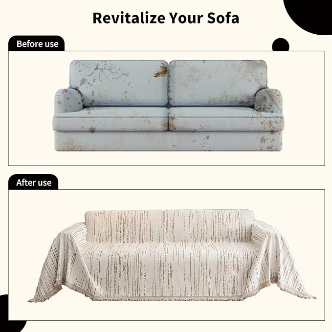 WEYOND Chenille Couch Cover Tassels, Sofa Cover Washable, 71" x 102", Khaki | Pet Friendly Sofa Slipcover for Sectional Sofa, Loveseat, 2 or 3 Cushion Couch, Corner Sofa, Futon Cover
