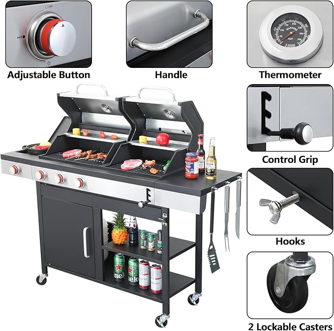 Gas and Charcoal Grill Combo, 3 Burner Gas Grill with Side Burner & Enameled Cast Iron Cooking Grids, 37230 Btu Stainless Steel Burner Barbecue Grills for Patio, Camping, 504 SQIN Cook Area
