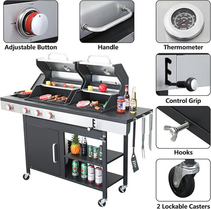 Gas and Charcoal Grill Combo, 3 Burner Gas Grill with Side Burner & Enameled Cast Iron Cooking Grids, 37230 Btu Stainless Steel Burner Barbecue Grills for Patio, Camping, 504 SQIN Cook Area