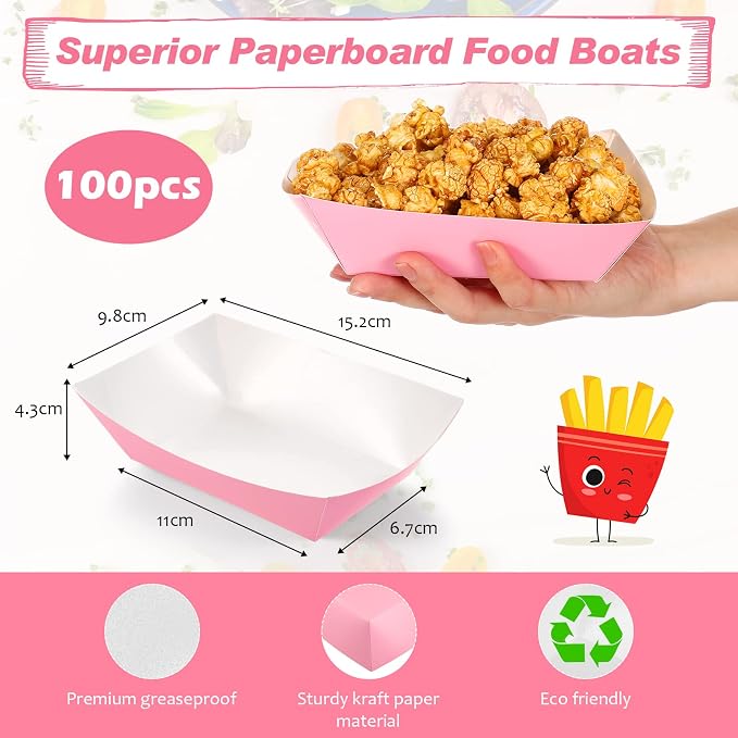 100 Pcs 2lb Paper Food Trays Boat Nacho Boats for Hot Dogs, Pink | Grease-Resistant, Disposable Kraft Paper Boat for Tacos Concession, Food Trucks, Birthday, Wedding, Christmas, Halloween