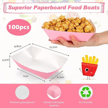 100 Pcs 2lb Paper Food Trays Boat Nacho Boats for Hot Dogs, Pink | Grease-Resistant, Disposable Kraft Paper Boat for Tacos Concession, Food Trucks, Birthday, Wedding, Christmas, Halloween