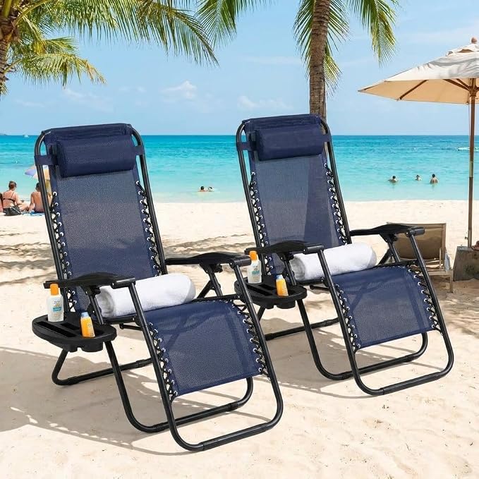 Garvee Outdoor Reclining Lounge Chair Set of 2 with Cup Holder & Padded Headrest, Adjustable Patio Folding Chairs, Heavy Duty Portable Camping Lawn Chairs for Pool, Backyard, Beach, Deck Blue