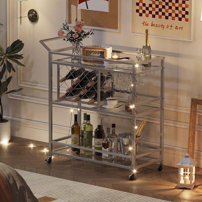 Bar Cart Silver, Bar Carts for The Home, Home Bar Serving Carts for Liquor, Rolling Wine Cart with 3 Tier Mirrored Shelves on Wheels for Alcohol and Beverage (Silver)