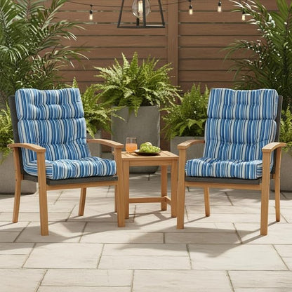 Outdoor Tufted High-Back Chair Cushions, One-Piece Hinged Seat and Back Design, Reversible with 4 Ties, Durable Polyester Fabric, Recycled Fiber Fill - Set of 2, Sapphire Stripe