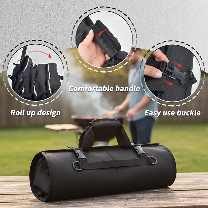 Grill Tool Accessory Storage Bag Roll Up, BBQ Tools Carry Orangizer Case for Grilling Utensil, Large Oxford Cloth Griddle Classifiable Holder for Outdoor Camping Barbecue Hiking Picnic Trip(Box Only)